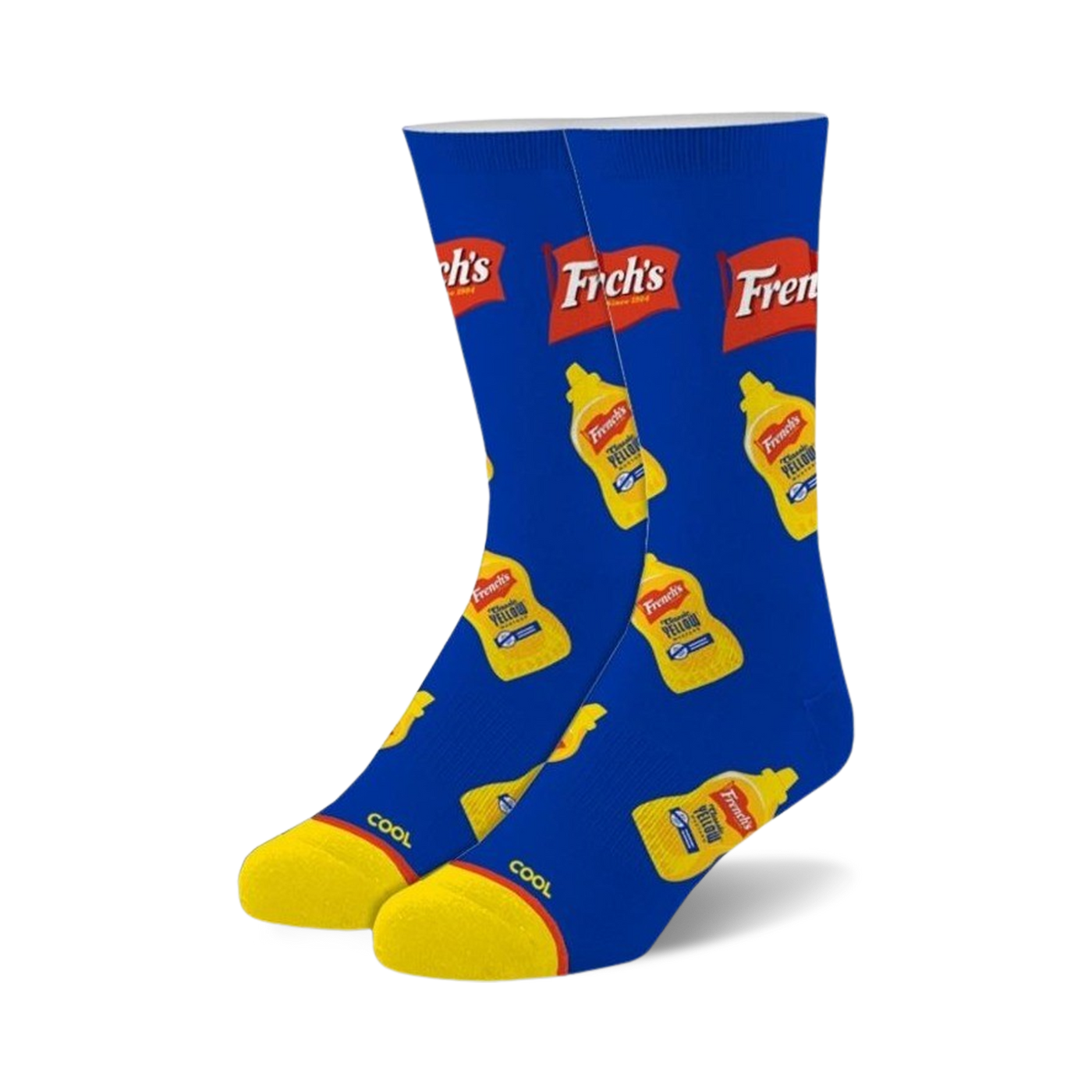 Crew socks featuring a repeating pattern of French's Yellow Mustard bottles on a royal blue background. Yellow cuffs.