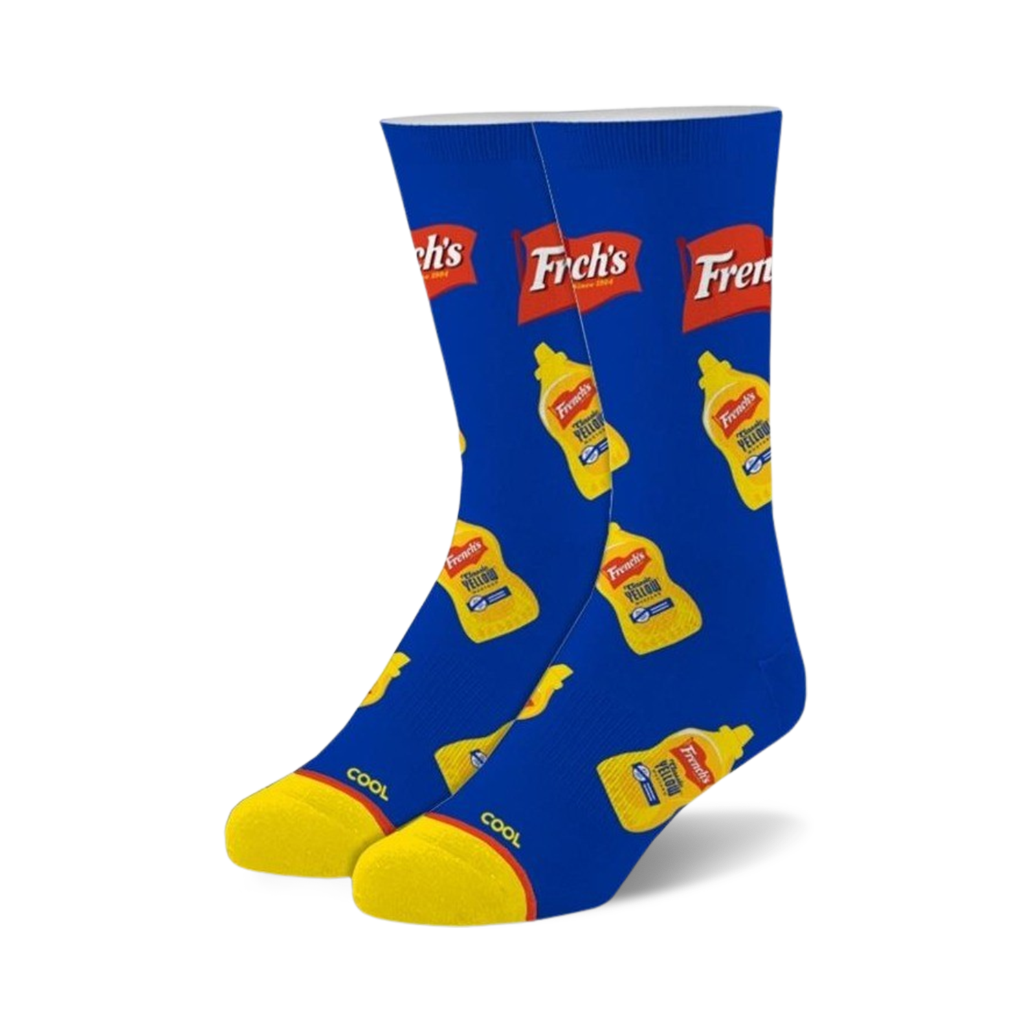 Crew socks featuring a repeating pattern of French's Yellow Mustard bottles on a royal blue background. Yellow cuffs.