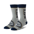Pair of grey crew socks with navy blue accents. Features a navy 'NAVY' wordmark and US Navy emblem.