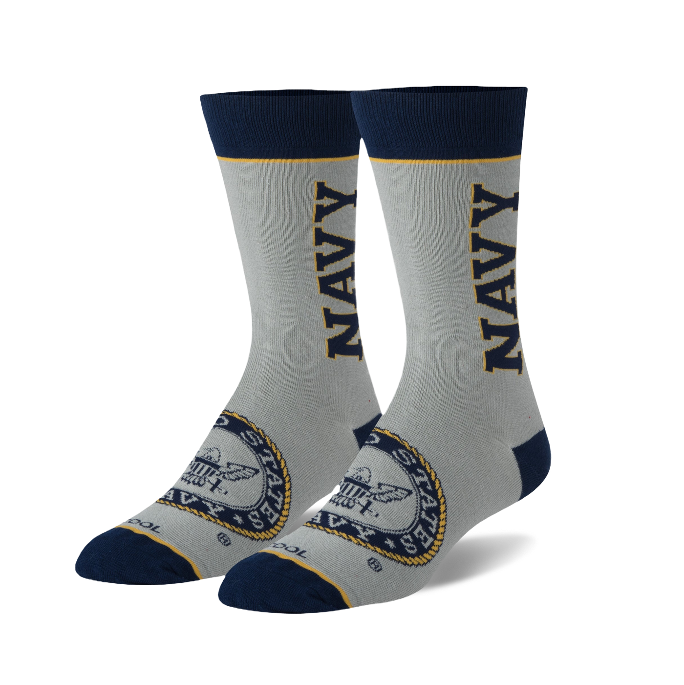 Pair of grey crew socks with navy blue accents. Features a navy 'NAVY' wordmark and US Navy emblem.