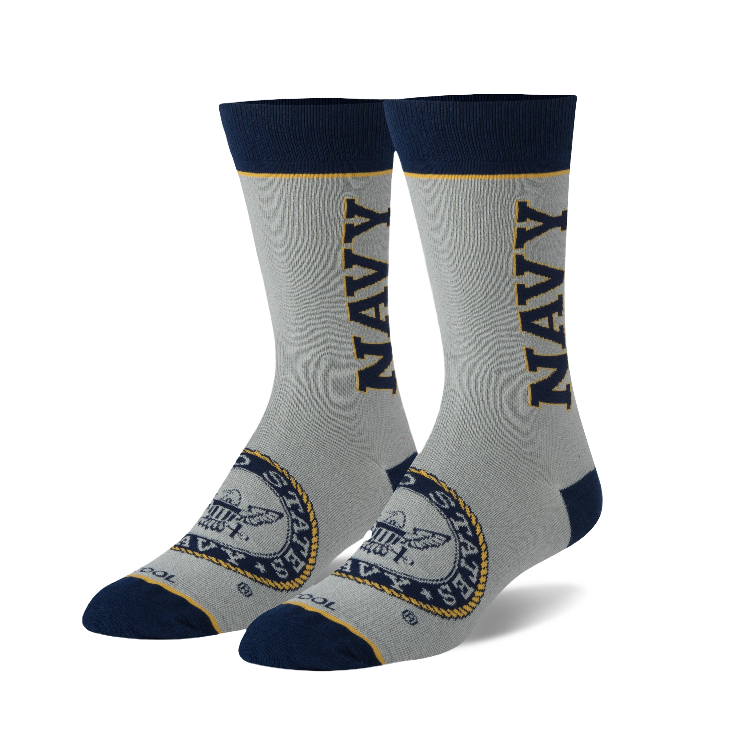 Pair of grey crew socks with navy blue accents. Features a navy 'NAVY' wordmark and US Navy emblem.