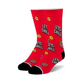 crew length socks in red with black toe, heel, and cuff. 'let's chill' text and popcorn images. for men and women.   