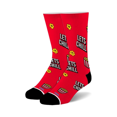 crew length socks in red with black toe, heel, and cuff. 'let's chill' text and popcorn images. for men and women.   