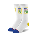 Pair of white crew socks with a vibrant yellow, green, and blue 'F*** YOU' design.  Features blue and yellow accents at the heel and toe.