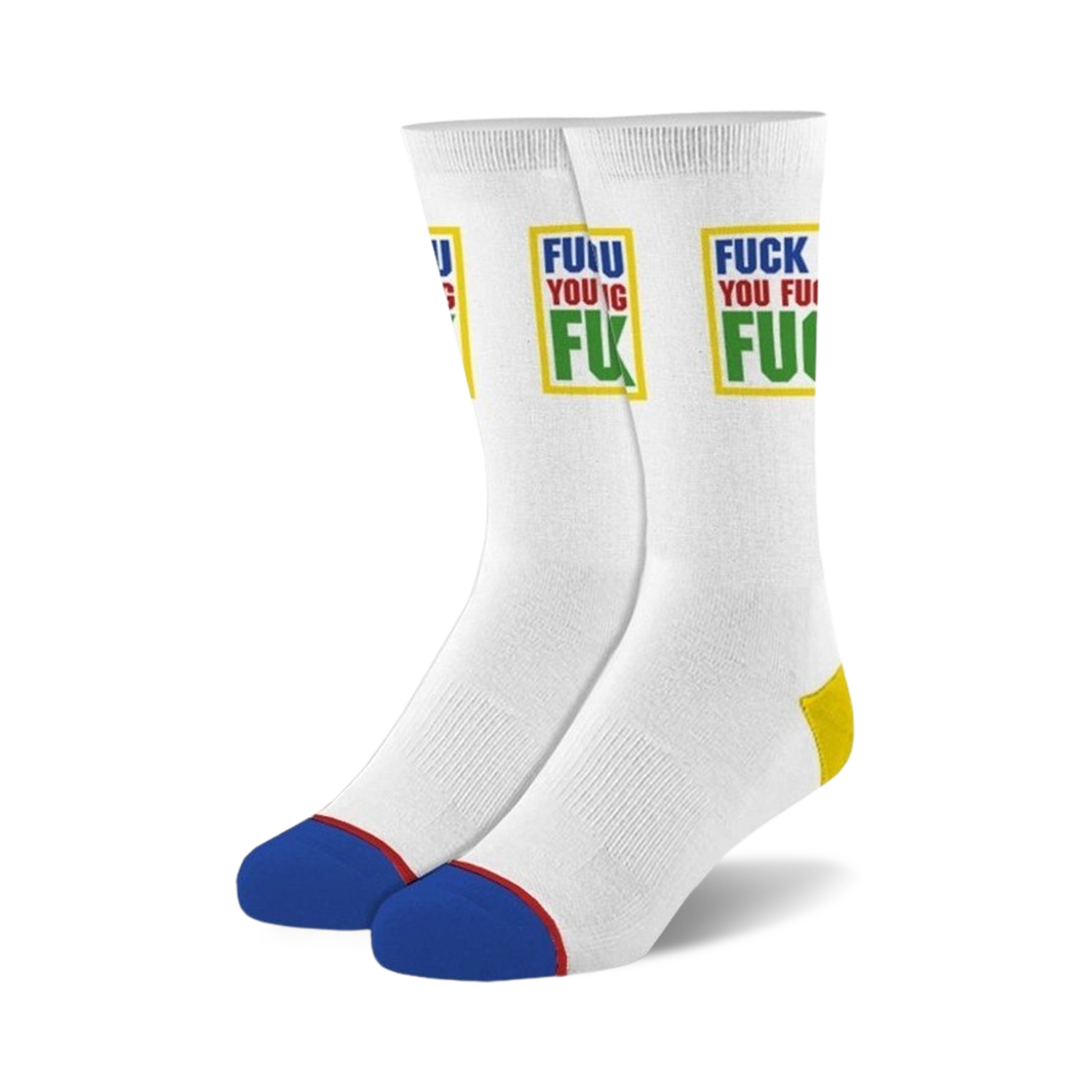 Pair of white crew socks with a vibrant yellow, green, and blue 'F*** YOU' design.  Features blue and yellow accents at the heel and toe.