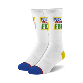 white crew socks with blue toes and heel and a yellow heel tab. text on socks says "fuck you you fucking fuck" in block font.  