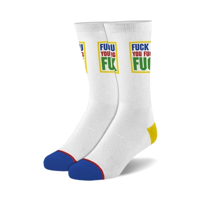 white crew socks with blue toes and heel and a yellow heel tab. text on socks says "fuck you you fucking fuck" in block font.  