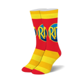 Pair of crew socks in red and yellow featuring a repeating Ritz cracker logo. Yellow horizontal stripes at the cuff and sole.