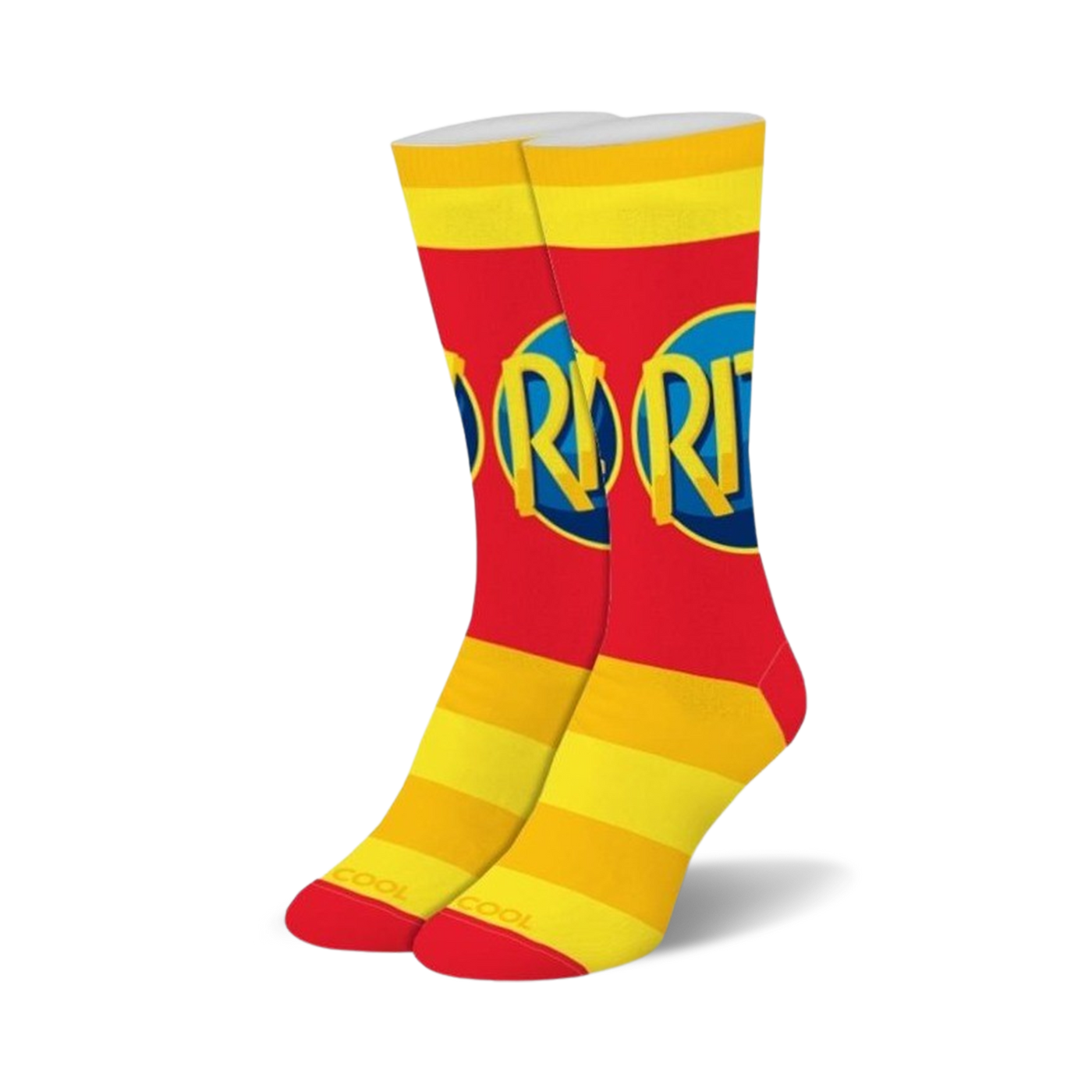 Pair of crew socks in red and yellow featuring a repeating Ritz cracker logo. Yellow horizontal stripes at the cuff and sole.