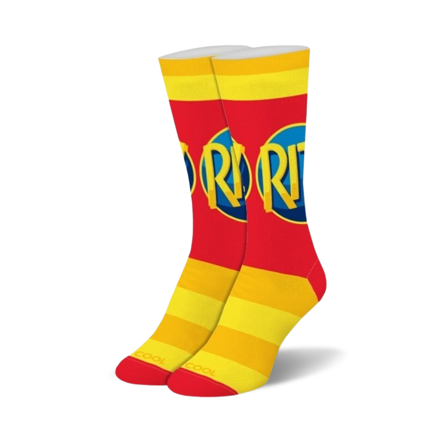 Pair of crew socks in red and yellow featuring a repeating Ritz cracker logo. Yellow horizontal stripes at the cuff and sole.