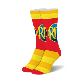 red and yellow cotton socks with repeating ritz logo. crew length, womens.  