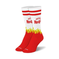 A pair of red and white crew socks. The socks feature the Frank's RedHot logo and yellow flames.