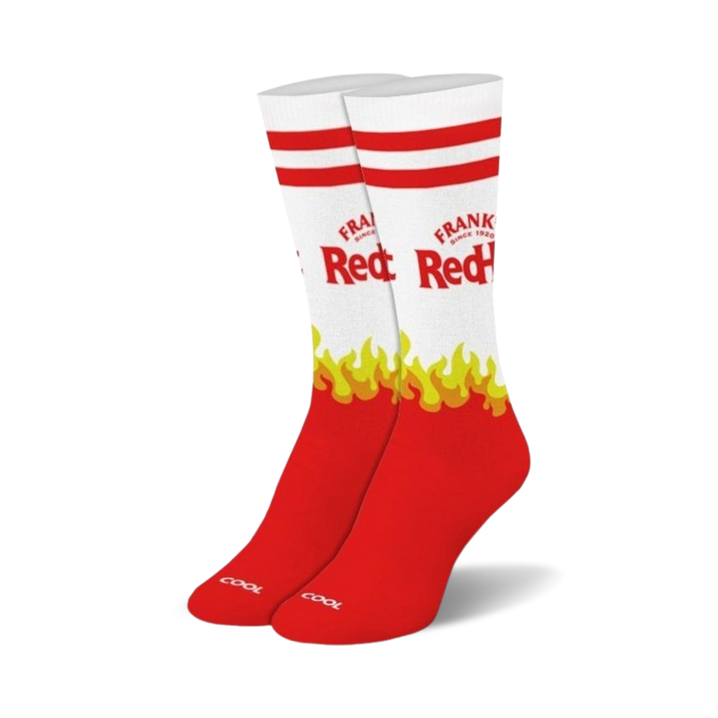 A pair of red and white crew socks. The socks feature the Frank's RedHot logo and yellow flames.