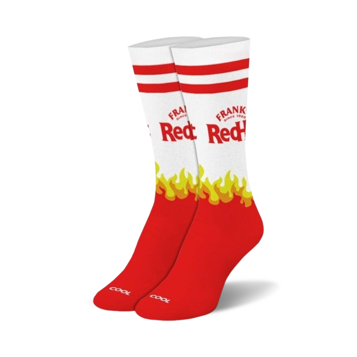 A pair of red and white crew socks. The socks feature the Frank's RedHot logo and yellow flames.