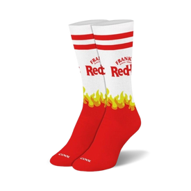 red and white socks with flame pattern and "frank's redhot" logo.   