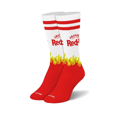 red and white socks with flame pattern and "frank's redhot" logo.   