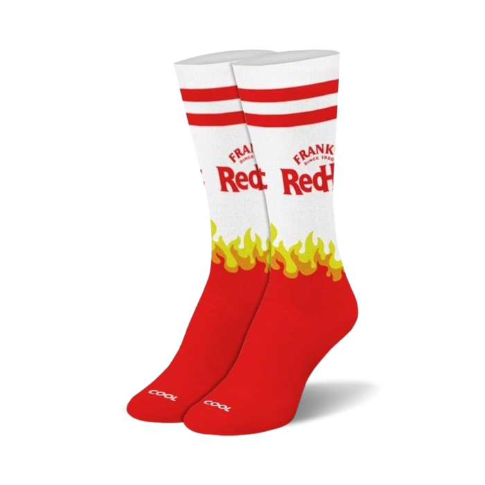 red and white socks with flame pattern and 