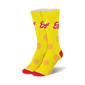 Pair of yellow crew socks with red accents. Features Eggo waffle images and logo.