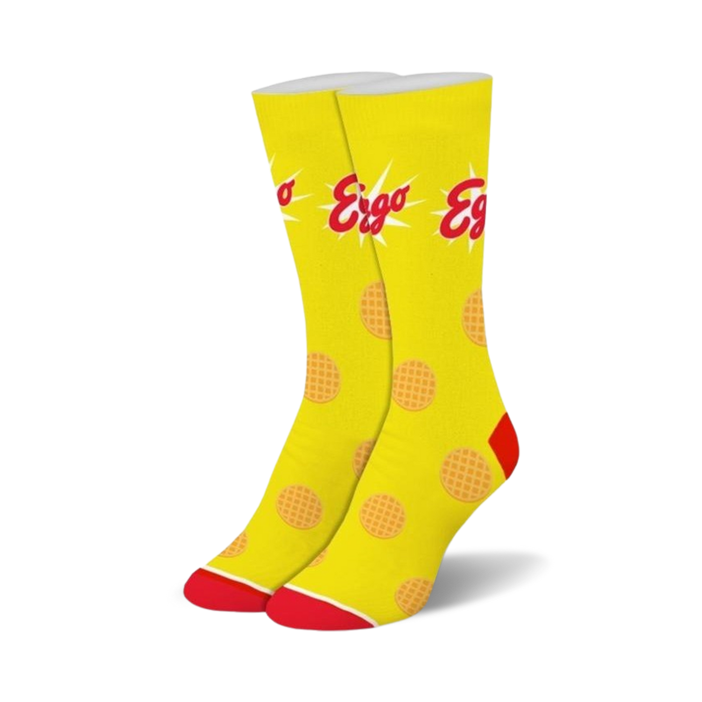 Pair of yellow crew socks with red accents. Features Eggo waffle images and logo.