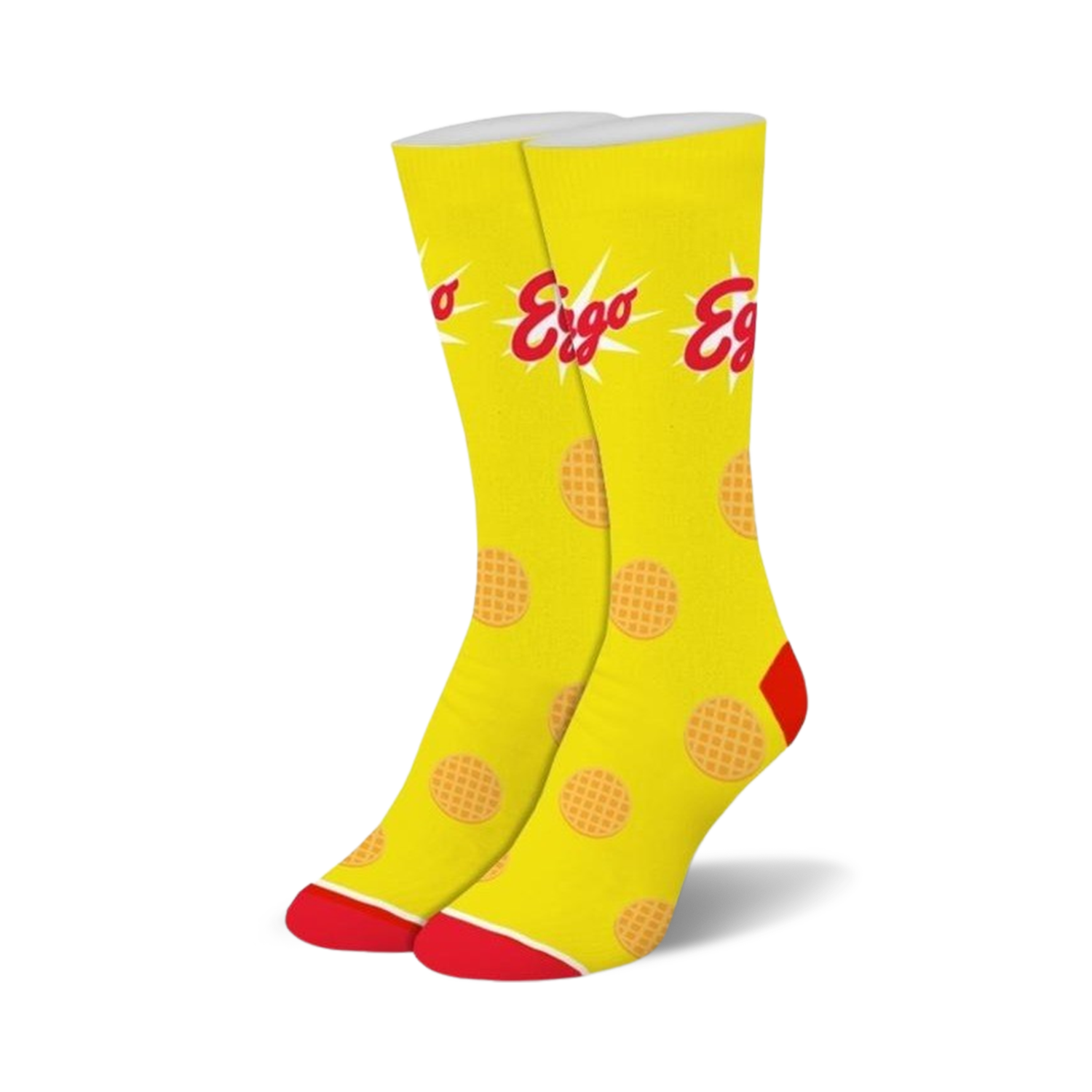 Pair of yellow crew socks with red accents. Features Eggo waffle images and logo.