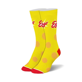 waffle-patterned yellow crew socks with crisp eggo print; fun and tasty accessory for breakfast lovers. (number of characters: 139 including spaces)   