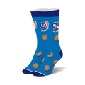 Pair of blue crew socks with the Chips Ahoy! logo and chocolate chip cookie graphics. 
