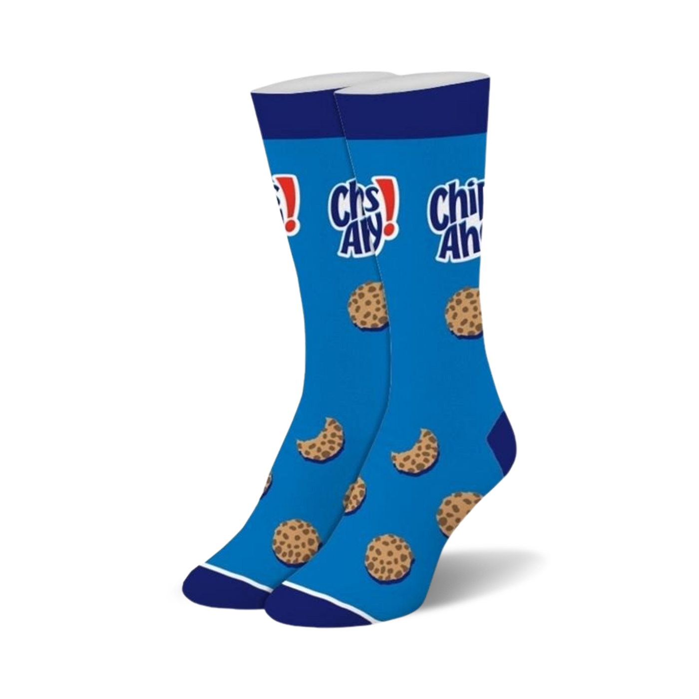 Pair of blue crew socks with the Chips Ahoy! logo and chocolate chip cookie graphics. 