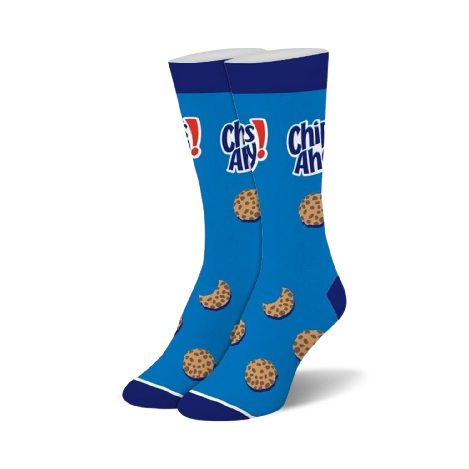 Pair of blue crew socks with the Chips Ahoy! logo and chocolate chip cookie graphics. 