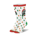 A pair of white crew socks with an Apple Jacks cereal theme. Green and orange cereal rings are scattered on the socks along with the Apple Jacks logo.