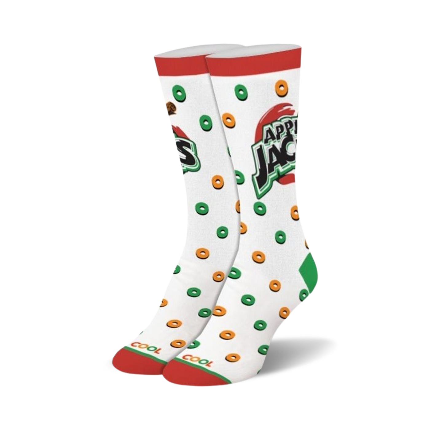 A pair of white crew socks with an Apple Jacks cereal theme. Green and orange cereal rings are scattered on the socks along with the Apple Jacks logo.