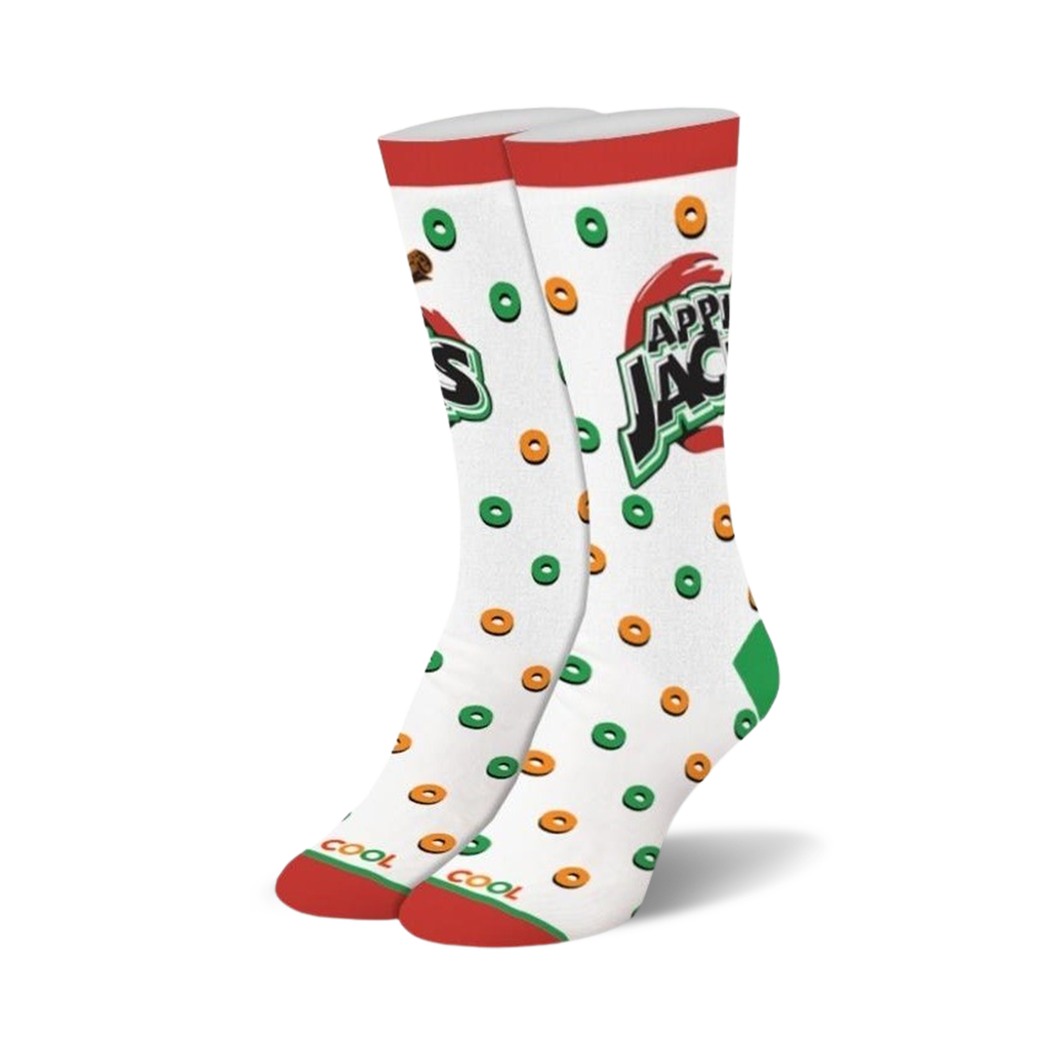 A pair of white crew socks with an Apple Jacks cereal theme. Green and orange cereal rings are scattered on the socks along with the Apple Jacks logo.