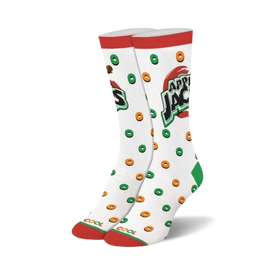 white crew socks with multicolored cereal pieces and "apple jacks" lettering.   