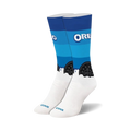 Pair of white crew socks with blue stripes and Oreo cookie graphics.  The bottom shows a dunk-like cream effect.