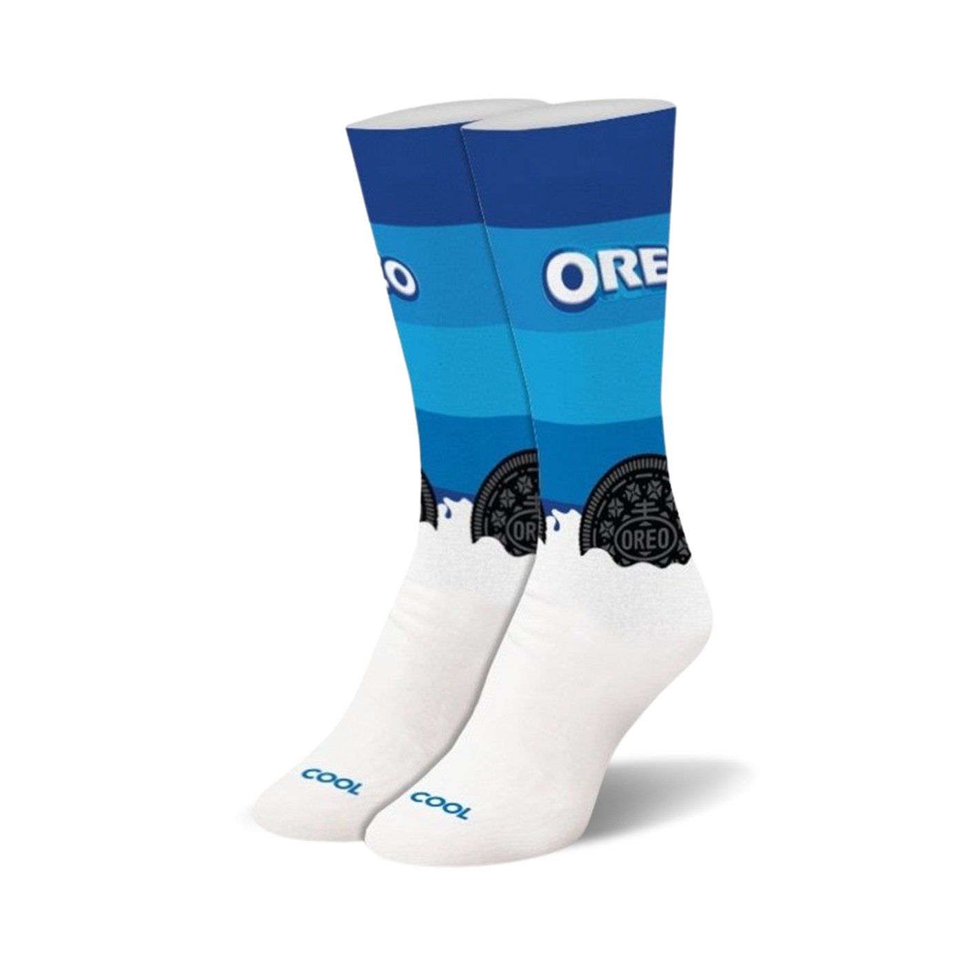 Pair of white crew socks with blue stripes and Oreo cookie graphics.  The bottom shows a dunk-like cream effect.