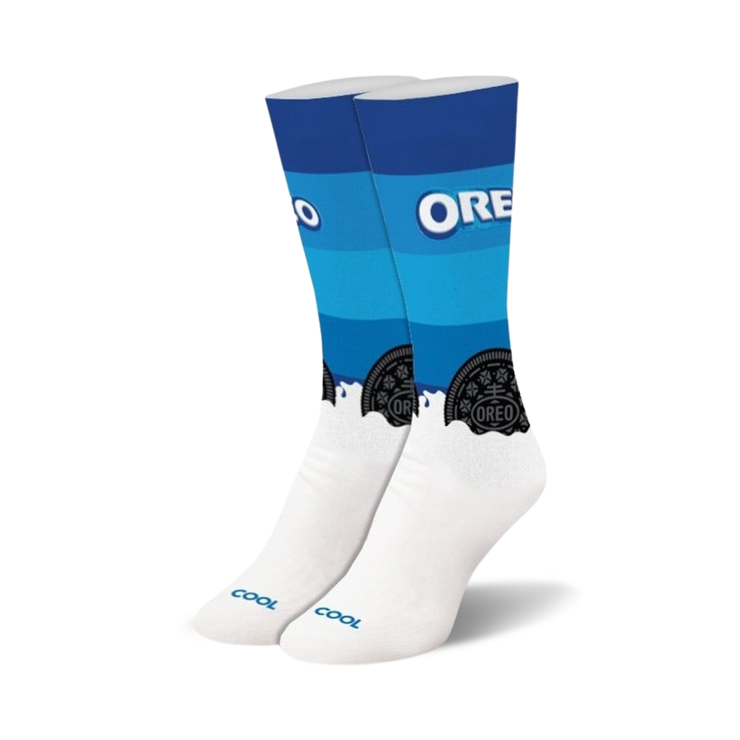 Pair of white crew socks with blue stripes and Oreo cookie graphics.  The bottom shows a dunk-like cream effect.