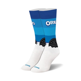 oreo dunk socks: white, blue and black women's crew socks with oreo cookie pattern.  