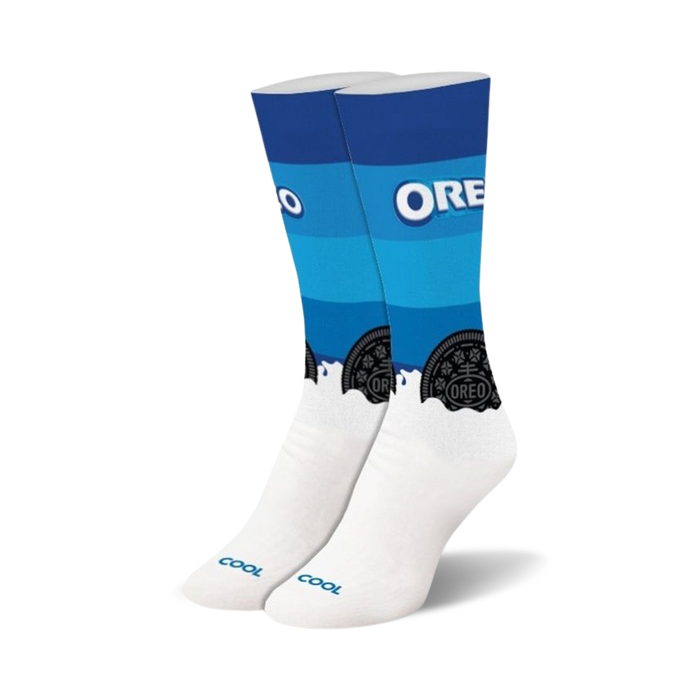 oreo dunk socks: white, blue and black women's crew socks with oreo cookie pattern.   }}