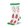 Pair of white crew socks with green cuffs, adorned with a repeating pattern of red Sriracha bottles and rooster logos.