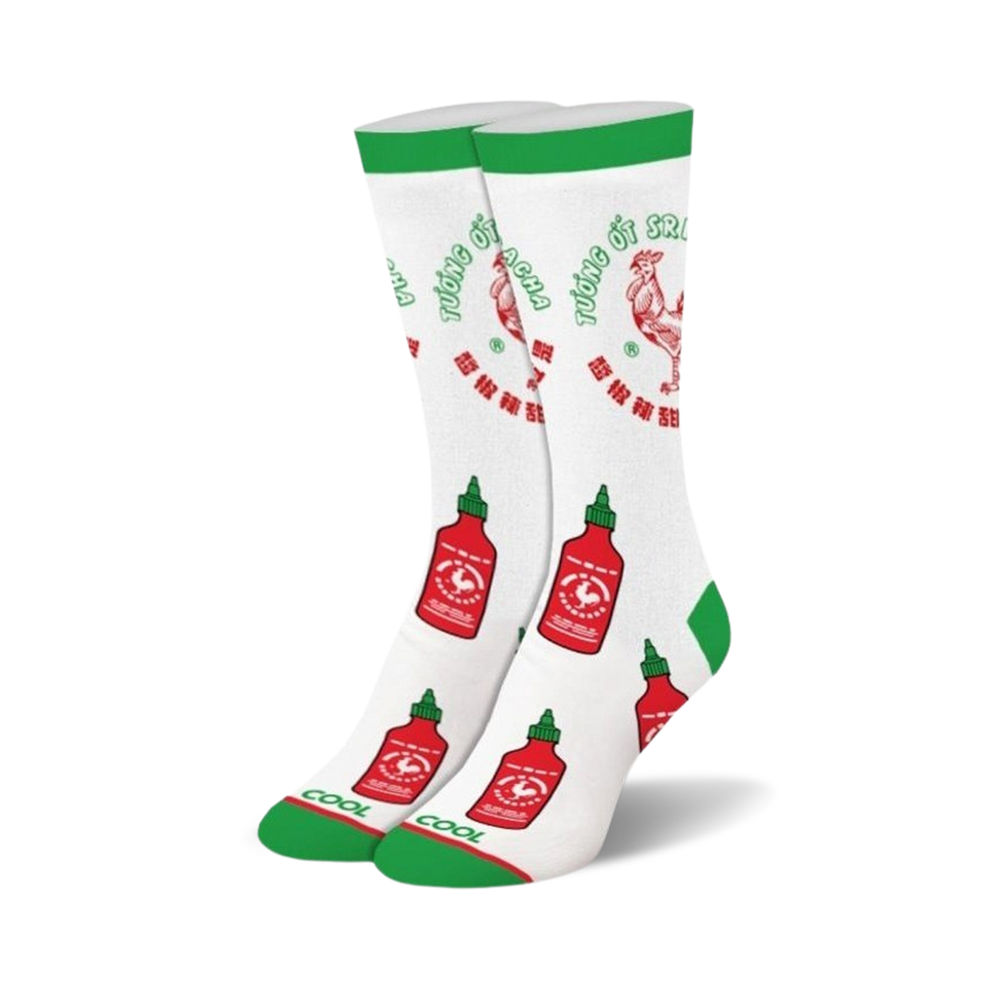 Pair of white crew socks with green cuffs, adorned with a repeating pattern of red Sriracha bottles and rooster logos.