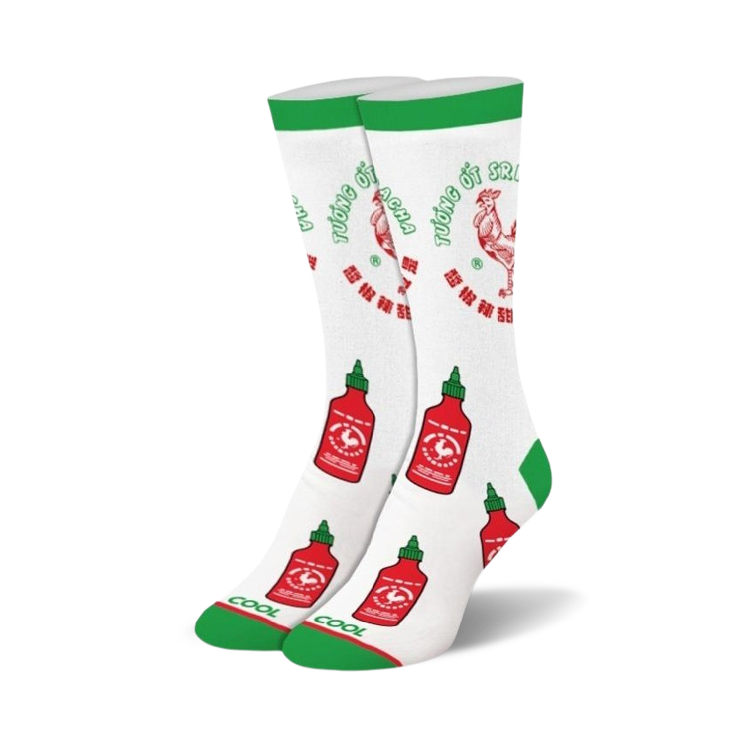 Pair of white crew socks with green cuffs, adorned with a repeating pattern of red Sriracha bottles and rooster logos.