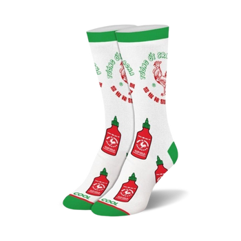 Pair of white crew socks with green cuffs, adorned with a repeating pattern of red Sriracha bottles and rooster logos.