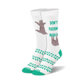 A pair of white crew socks with teal accents. The socks feature a sloth graphic and the phrase 'Don't Fucking Rush Me'.