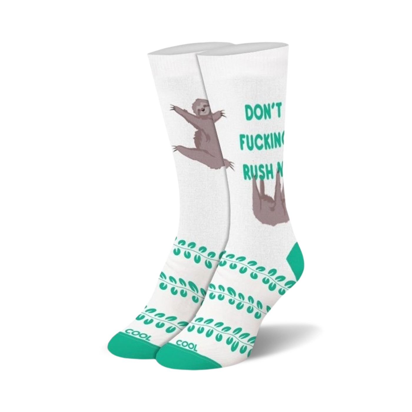A pair of white crew socks with teal accents. The socks feature a sloth graphic and the phrase 'Don't Fucking Rush Me'.