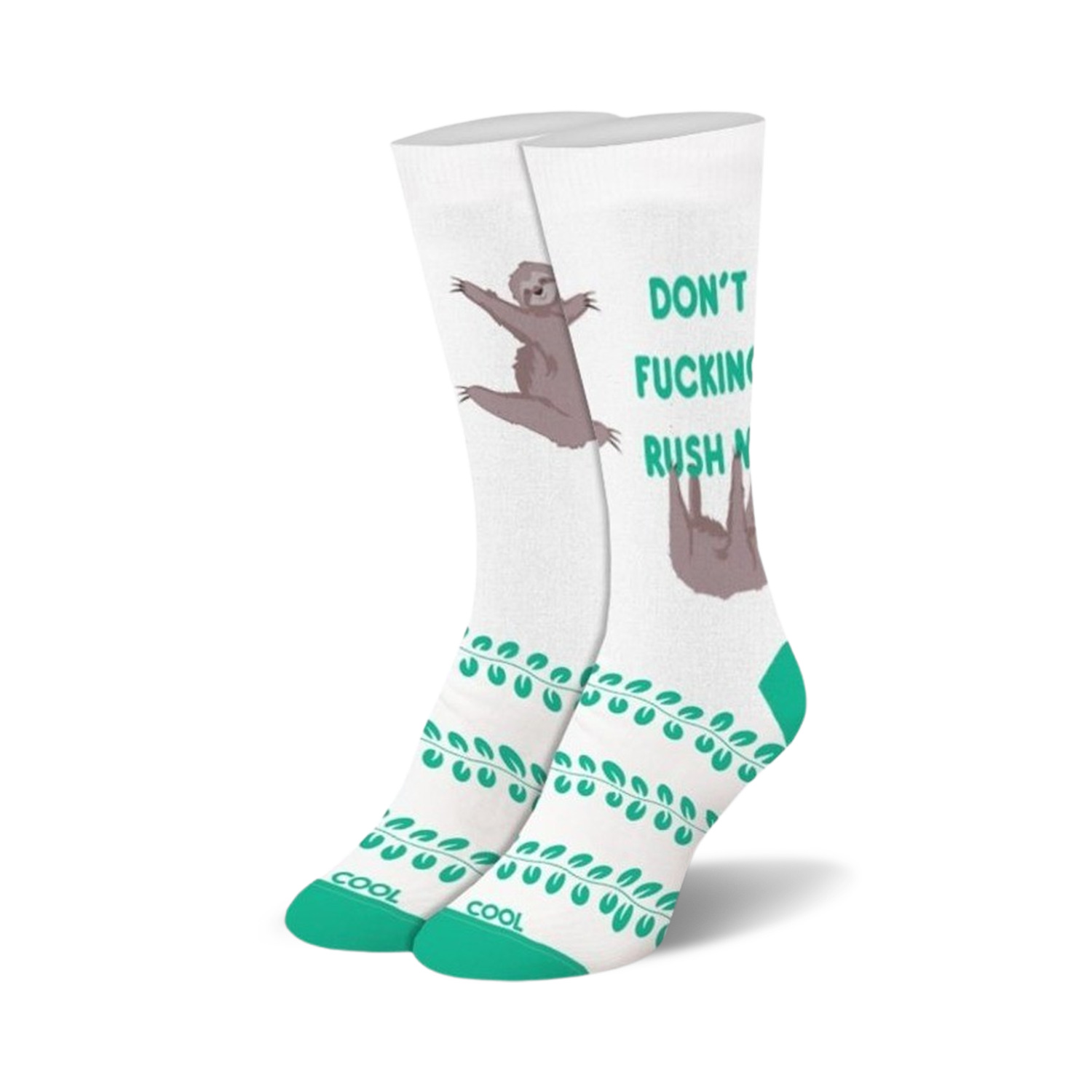 A pair of white crew socks with teal accents. The socks feature a sloth graphic and the phrase 'Don't Fucking Rush Me'.