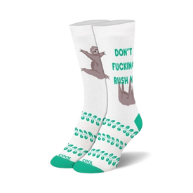 white crew socks with green leaves and "don't fucking rush me" text with a sloth image.  