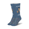 Crew socks in navy blue with a retro-style illustration of a man enjoying a drink and the words 'Alcohol' and 'Because Fuck Feelings'. Colorful 90s-inspired patterns adorn the bottom.