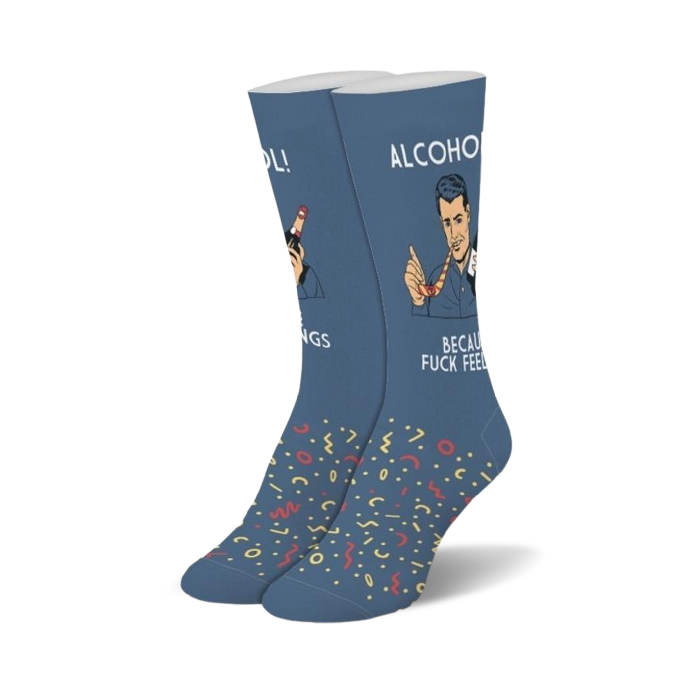 Crew socks in navy blue with a retro-style illustration of a man enjoying a drink and the words 'Alcohol' and 'Because Fuck Feelings'. Colorful 90s-inspired patterns adorn the bottom.