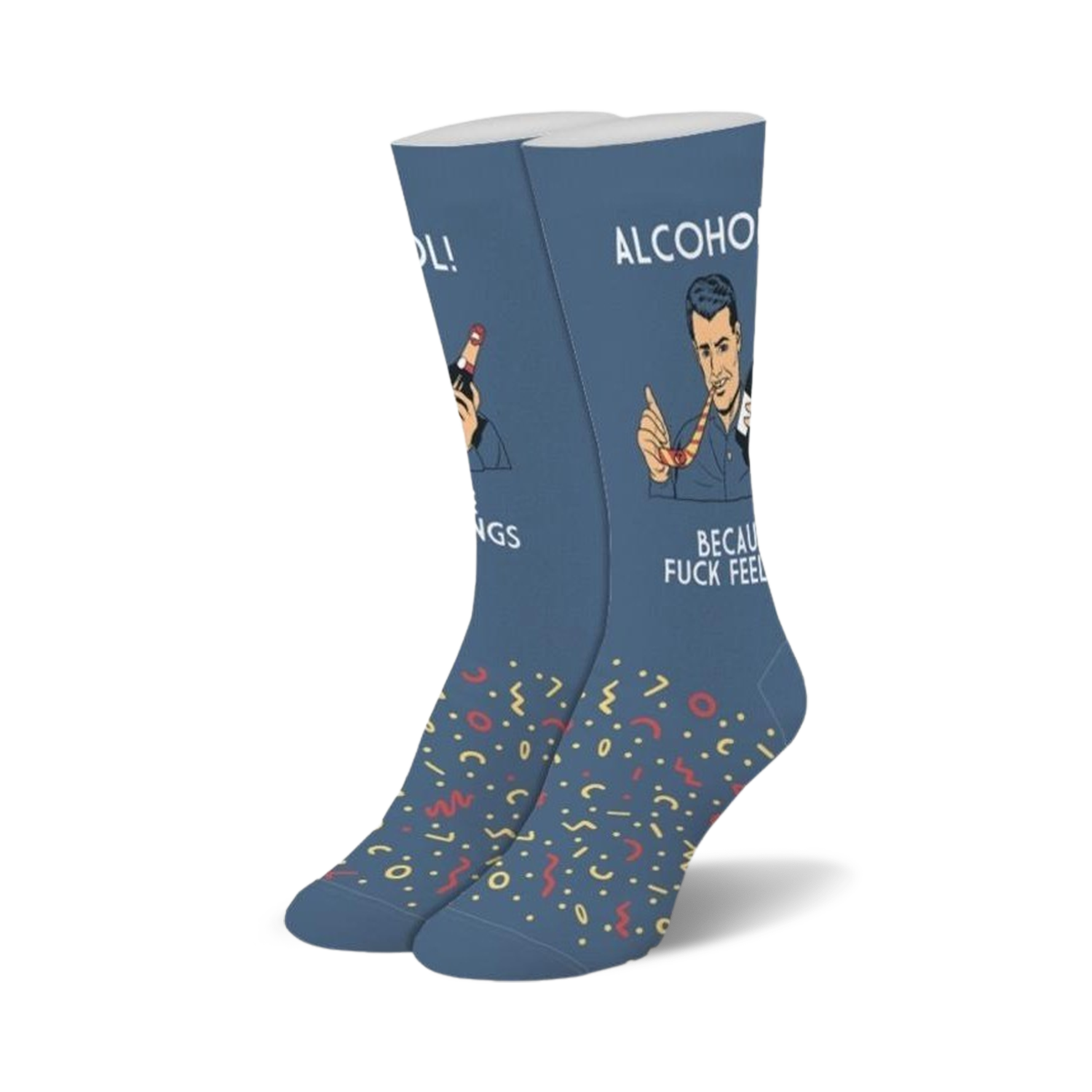 Crew socks in navy blue with a retro-style illustration of a man enjoying a drink and the words 'Alcohol' and 'Because Fuck Feelings'. Colorful 90s-inspired patterns adorn the bottom.
