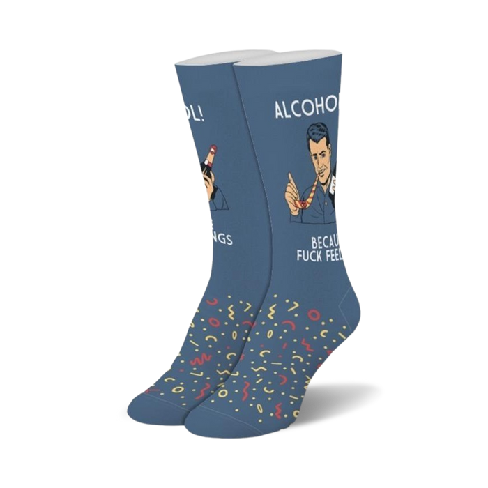 blue crew socks with a cartoon man holding alcohol and the text 