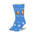 Pair of blue crew socks. Features a cartoon Buddha, Om symbol, Yin-Yang, and the phrase 'Let That Shit Go'.